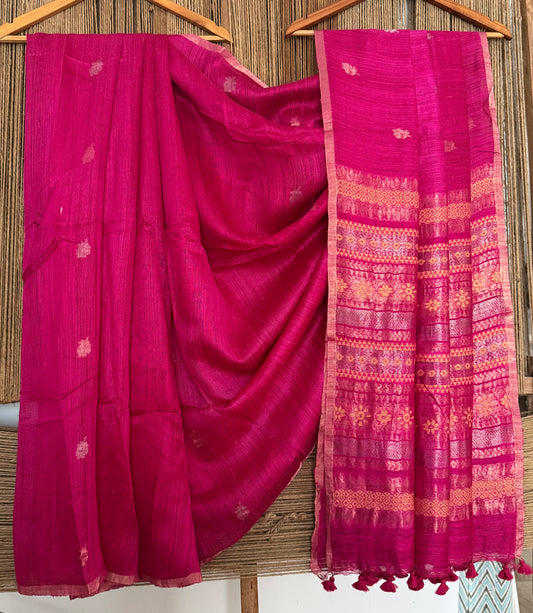 Barbie Pink jamdani handwoven pure Matka  silk certified sari