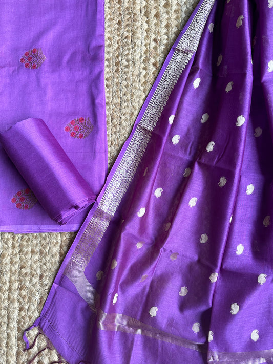 PURPLE BANARASI CHANDERI  HANDLOOM THREE PIECE  SET SUIT