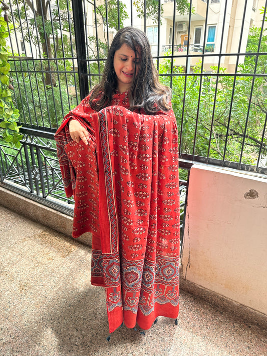 MAROON  AJRAKH HANDBLOCK AND HAND CRAFTED CONTEMPORARY THREE PIECE SUIT SET