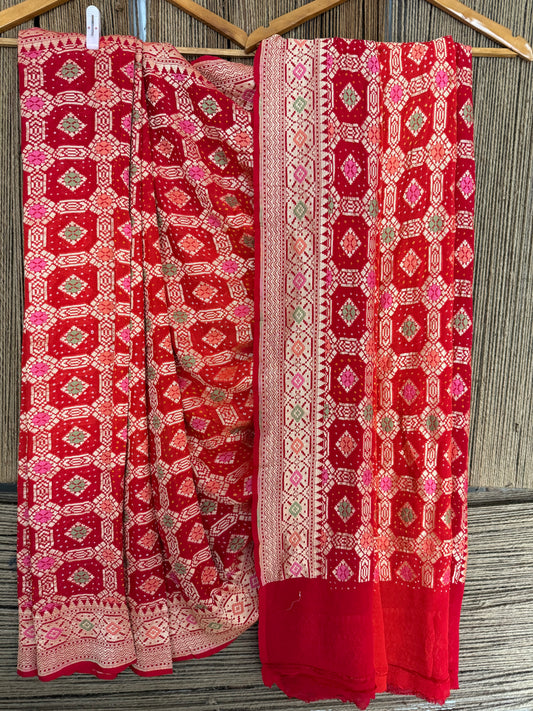 Candy Apple Red Handwoven Neem Zari Bareek Bandhani Saree with Khaddi Georgette with Meenakari Work BS- 111