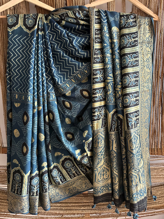 INDIGO GREEN DOLA  SILK AJRAKH ZARI BORDER SARI