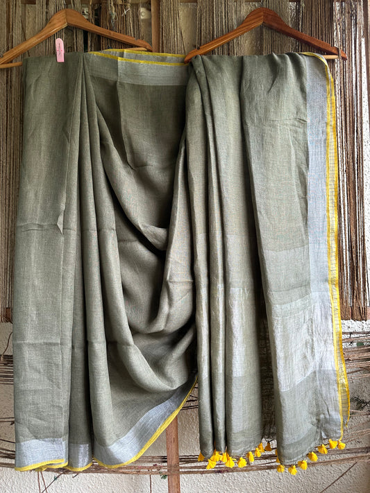 MILITARY GREEN LINEN COTTON SARI WITH WOVEN WHITE BORDER & ORANGE  TASSELS