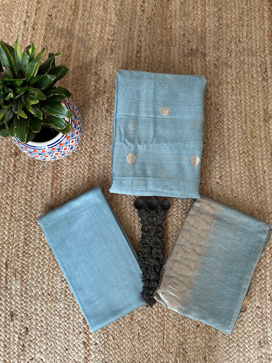 Slate Blue chanderi Katan silk certified handloom Banarsi Booti three piece suit