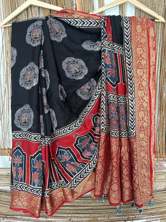 BLACK DOLA  SILK AJRAKH ZARI BORDER SARI