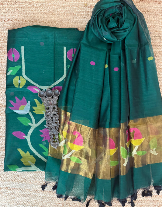 Pine Green handwoven jamdani pure cotton silk kurta set mjk-