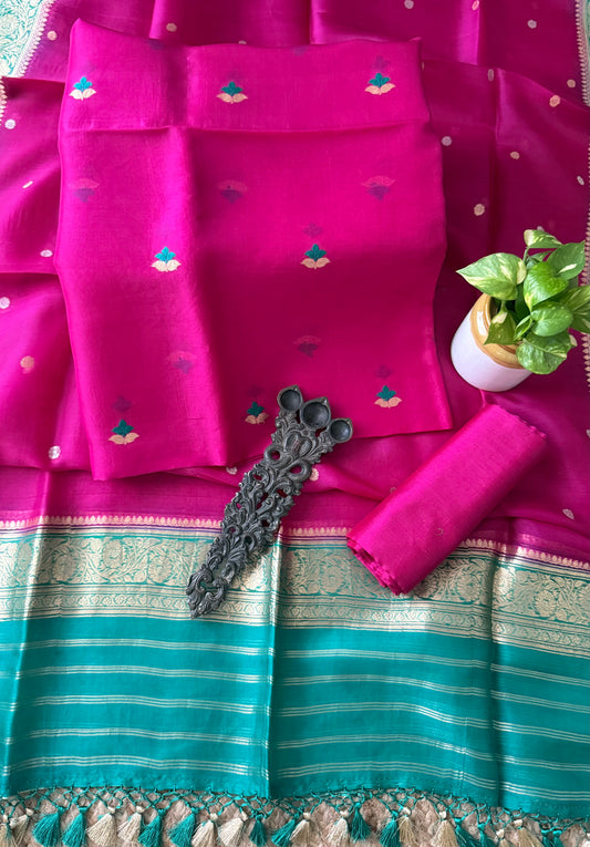 Magenta Pink Linen  handloom banarsi kadwa booti meenakari three piece suit