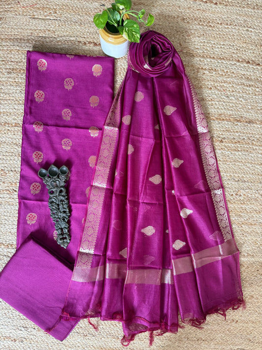 Orchid Purple chanderi handloom  banarsi booti three piece suit