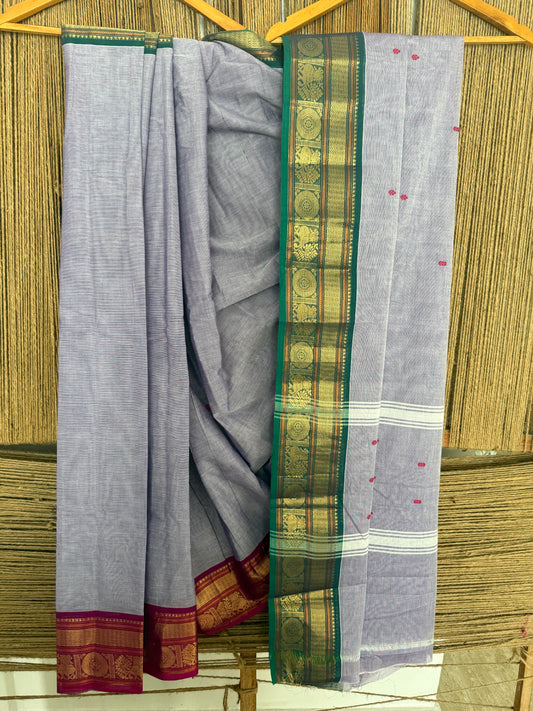 GRAY TRADITIONAL KANCHI COTTON SARI WITH ELEPHANT,PEACOCK & PAISLEY DESIGN WITH RUNNING BLOUSE