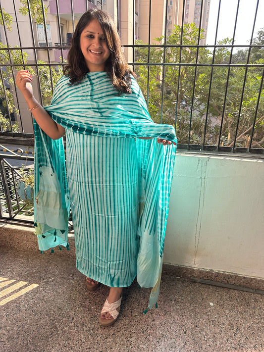 Cream Cyan Green Modal  Silk Shibori  Kurta with Shibori  handcrafted Modal Silk Dupatta SMS 102