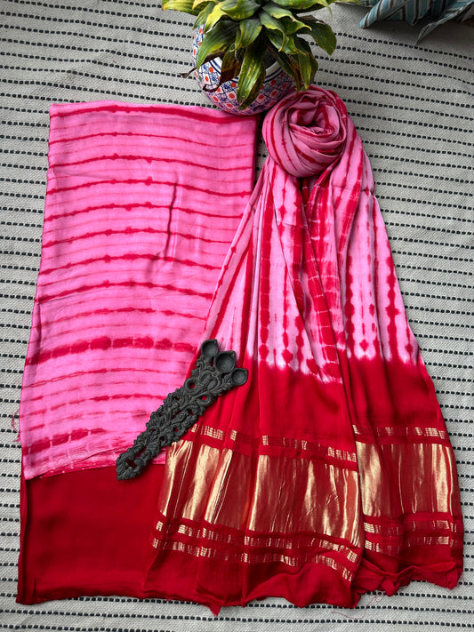 Red  Pink Modal  Silk Shibori  Kurta with Shibori  handcrafted Modal Silk Dupatta
