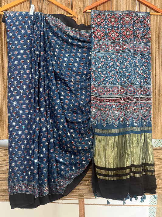 BLUE AJRAKH HANDCRAFTED MIRROR WORK MODAL SILK SARI WITH ZARI PALLU