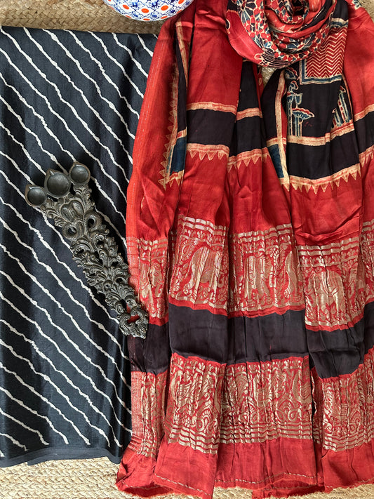 BLACK LEHERIYA MASHRU SILK KURTA WITH AJRAKH HANDCRAFTED  MODAL SILK DUPATTAS PS- 10184