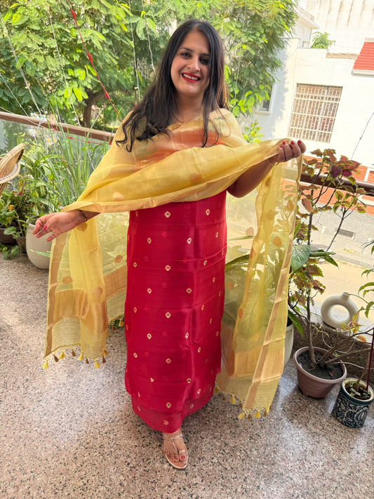 Carmine Red Kora silk certified handloom Banarsi kadwa Booti three piece suit