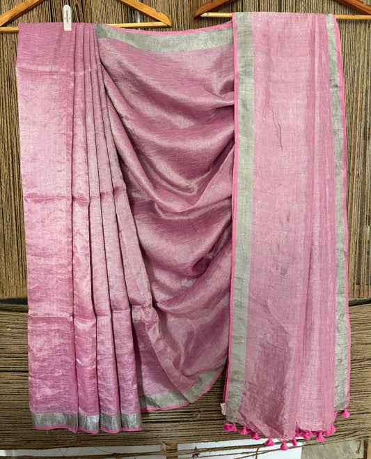 009 DUSTY PINK METALLIC LINEN SARI WITH WOVEN  BORDER &amp;  TASSELS ML-59