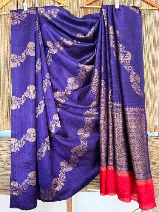 INDIGO PURPLE Raw Silk Certified  Handloom Banarsi sari With Woven Zari