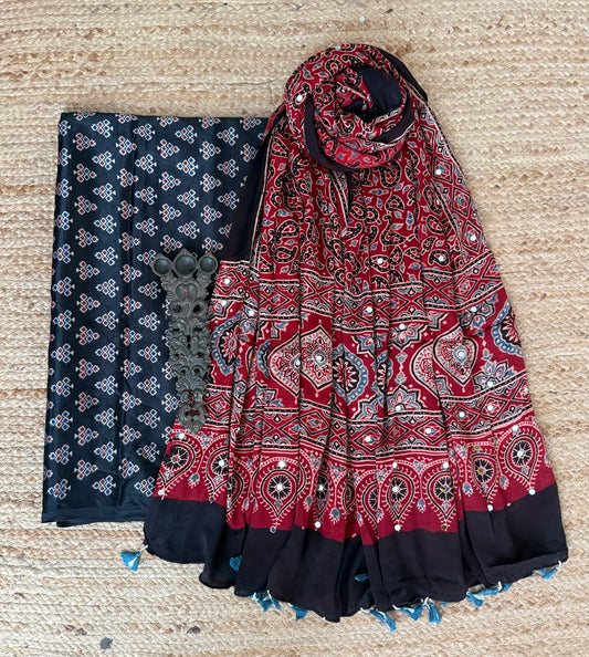 Black Mashru Silk Kurta With Maroon Ajrakh Handcrafted Mirror Work Modal Silk Dupatta