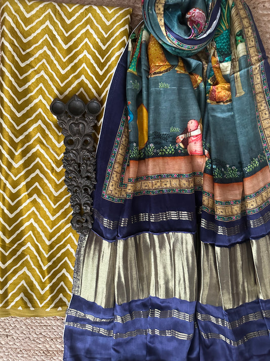 MUSTARD ZIGZAG MASHRU SILK KURTA WITH PATOLA HANDCRAFTED MODAL SILK DUPATTA PS-28