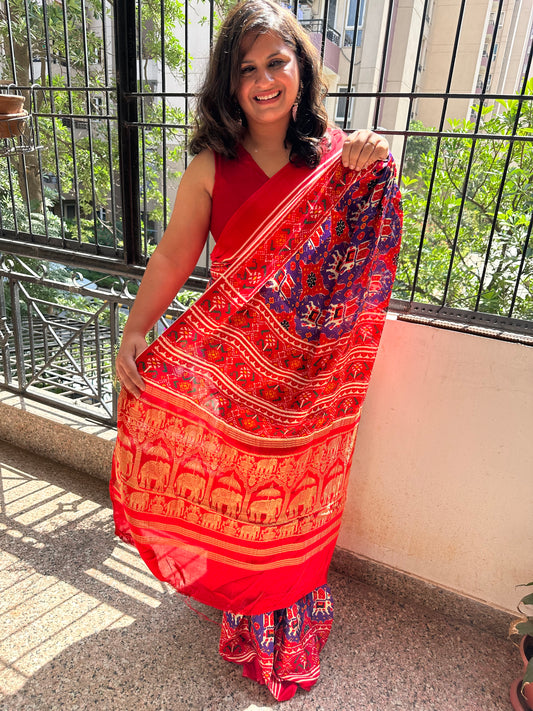 Purple & red  modal silk patola sari with zari border pms- 1021