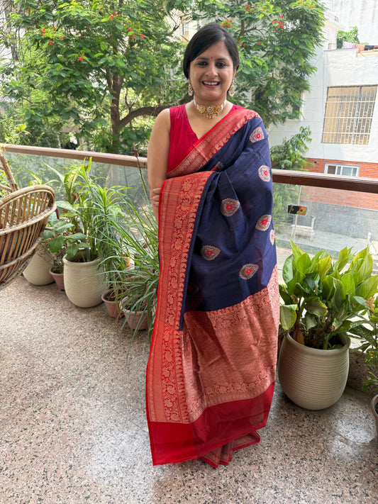 Night blue tussar silk certified  handloom banarsi sari with woven zari