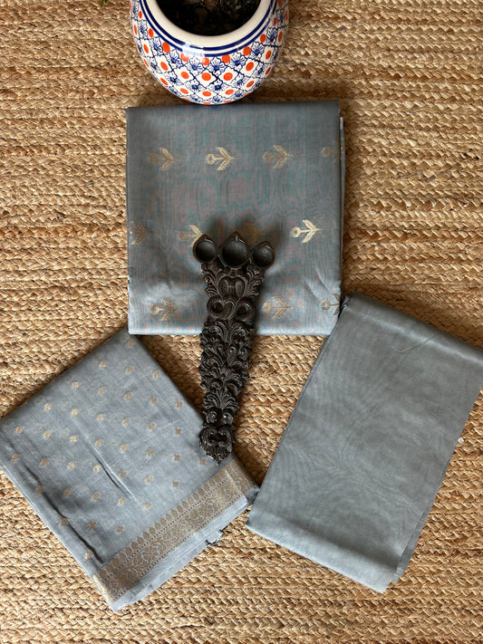 Grey Chanderi handloom Banarsi Booti three piece suit