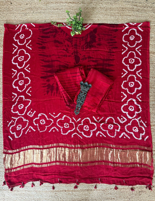 Red & Black modal silk Shibori kurta With bandhani Shibori hand crafted modal silk dupatta