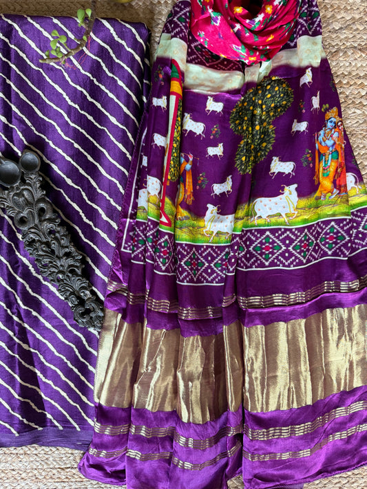 PURPLE LEHERIYA MASHRU SILK KURTA WITH PATOLA HANDCRAFTED MODAL SILK DUPATTA PS-232