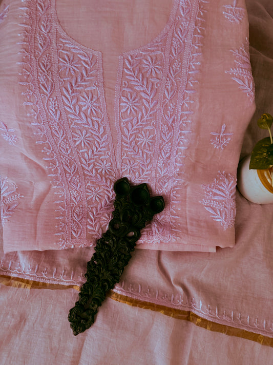 POWERFUFF  PINK PREMIUM  MULL CHANDERI LUCKNOWI CHICKENKARI HAND EMBROIDERY THREE PIECE SUIT