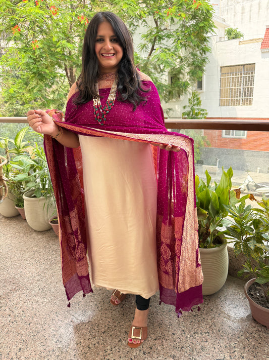 Ivory Gajji and raisin purple shade Handwoven Bareek Bandhani in Premium Georgette kurta Set