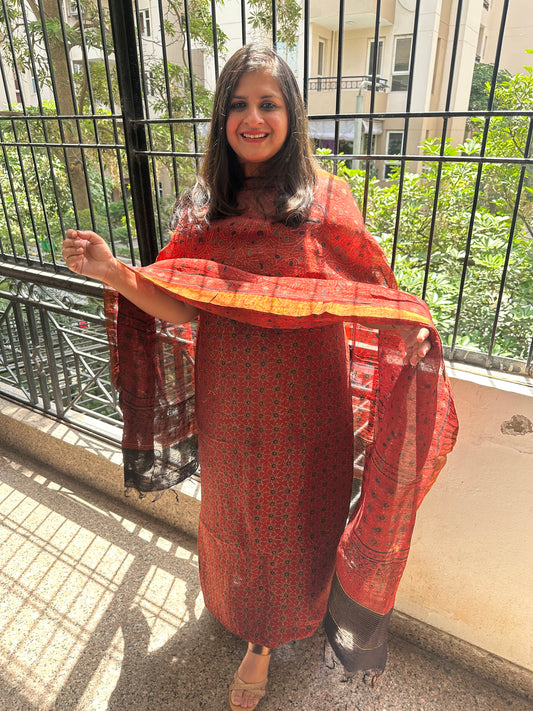 MAROON AJRAKH  LINEN SILK HANDBLOCK SUIT SET