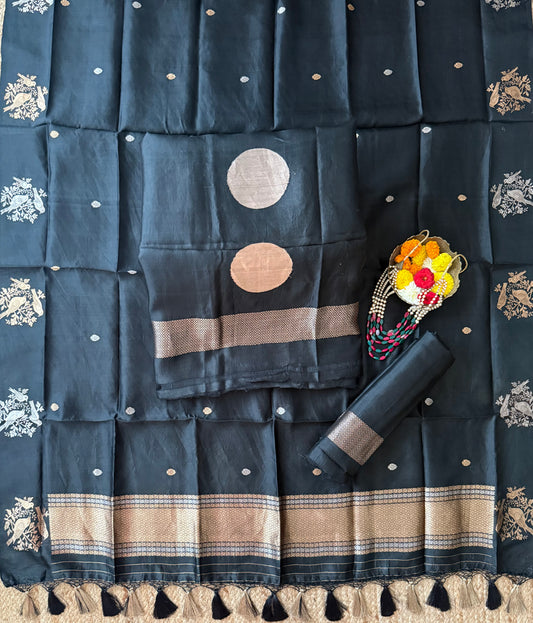 Ink Black Katan silk certified handloom banarsi kadwa booti three piece suit   cbs-58