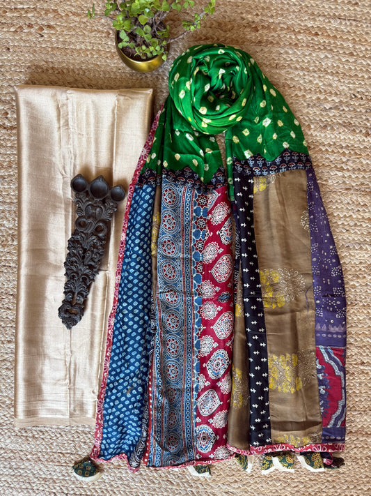 BEIGE GOLDEN MASHRU SILK KURTA WITH AJRAKH PATCHWORK  HANDCRAFTED  MODAL SILK DUPATTA PWK-27
