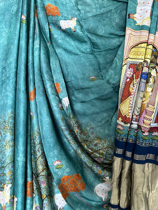 TURQUOISE BLUE PICHWAI MODAL SILK PRINT SARI WITH ZARI BORDER