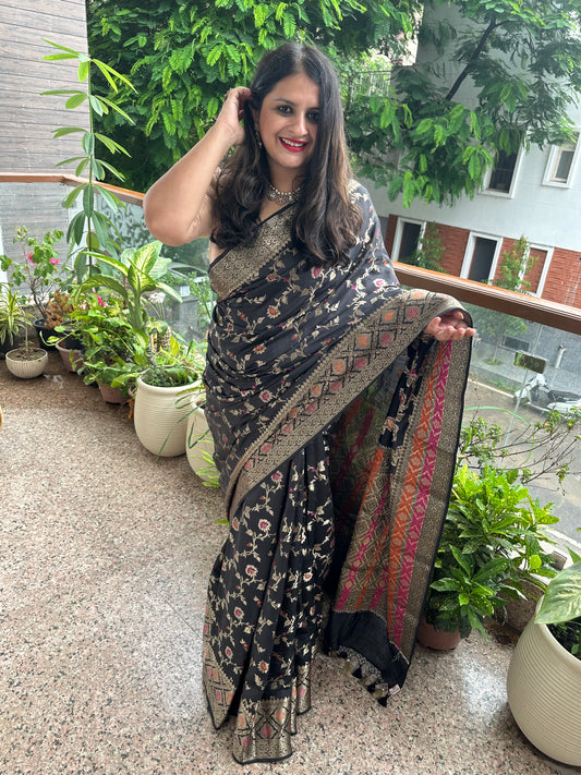 BLACK BANARASI CHINIYA SILK CERTIFIED ZARI WOVEN  SARI