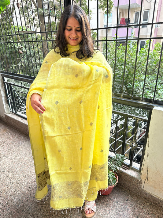 LEMON YELLOW JAMDANI WOVEN LINEN  KURTA SET