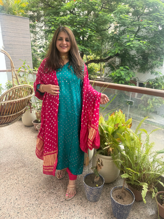 Teal and Rani Modal silk 3 piece stiched suit