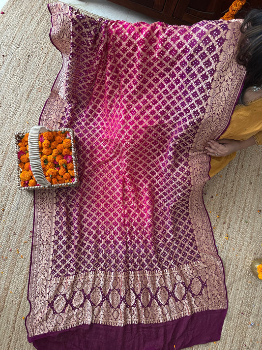 Orchid purple and Stawberry Pink Handwoven NeemZari Bareek Bandhani in Khaddi Georgette dupatta BD-1021