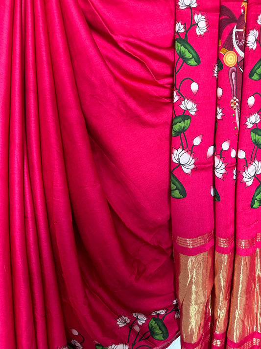 MAGENTA PINK MODAL SILK PICHWAI SARI WITH ZARI BORDER