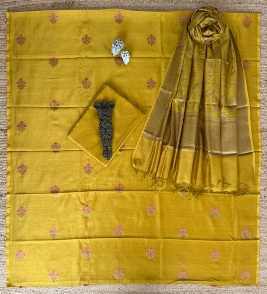 Pineapple  Yellow Chanderi Handloom Banarsi Booti Three Piece Suit