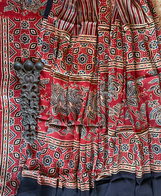 RED  AJRAKH MODAL SILK HANDBLOCK KURTA SET