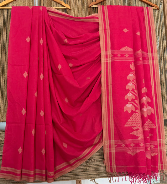 RASPBERRY PINK CLASSIC AUTHENTIC HANDWOVEN JAMDANI WEAVING PURE COTTON SARI