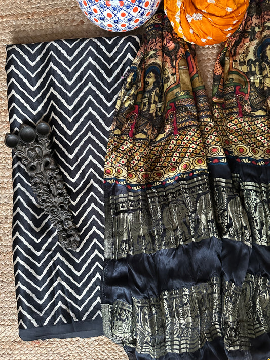 BLACK MASHRU KURTA WITH BANDHANI PICHWAI HANDCRAFTED  MODAL SILK DUPATTAS