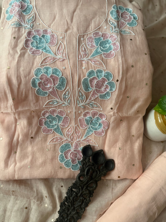 HUSH BLUSH PINK CHANDERI LUCKNOWI CHICKENKARI WITH MOTI  CUTDANA WORK HAND EMBROIDERY THREE PIECE SUIT