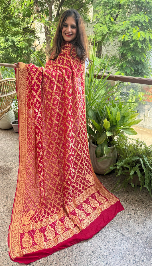 Strawberry Red handwoven neemzari bareek bandhani in khaddi georgette dupatta  bd-1081
