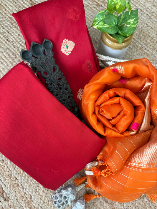 Red kora silk certified handloom banarsi kadwa booti meenakari three piece suit