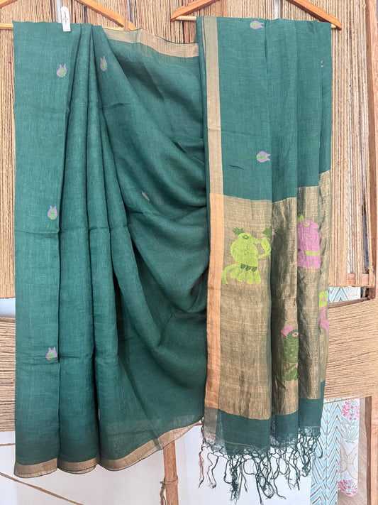 PINE GREEN HANDWOVEN JAYSHREE LINEN JAMDANI SARI