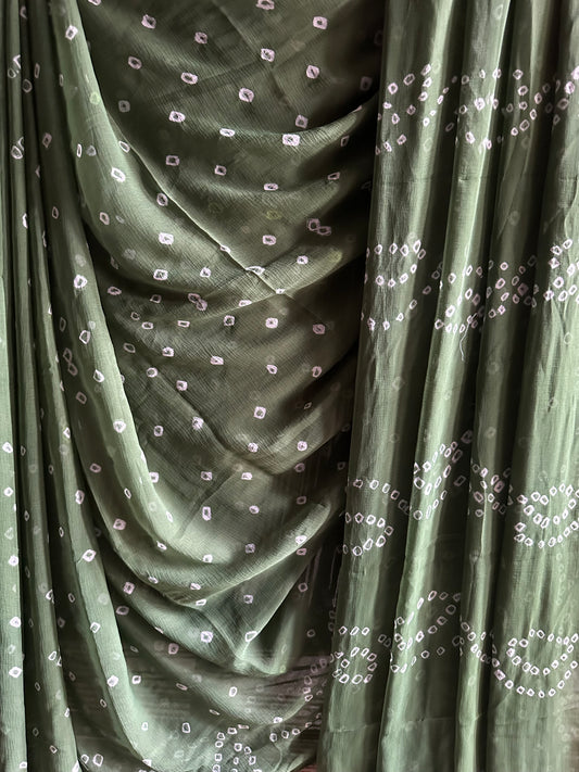 MILITARY GREEN BANDHANI HANDCRAFTEDCHIFFON SARI