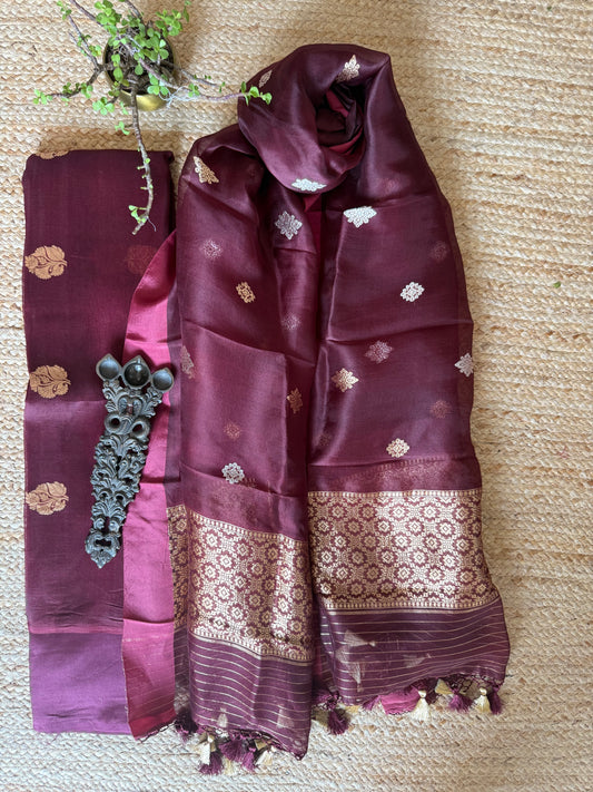 Brunt Maroon Kora silk certified handloom Banarsi kadwa Booti three piece suit