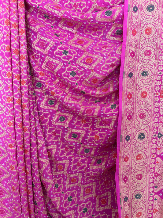 Hot Pink  Handwoven Neem Zari Bareek Bandhani Saree with Khaddi Georgette with Meenakari Work BS- 18