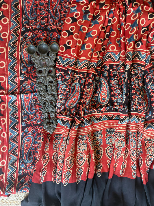 RED  AJRAKH MODAL SILK HANDBLOCK KURTA SET