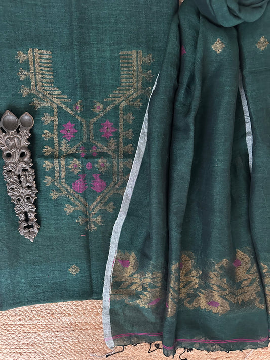 DARK GREEN JAMDANI LINEN  KURTA SET LJS-1053